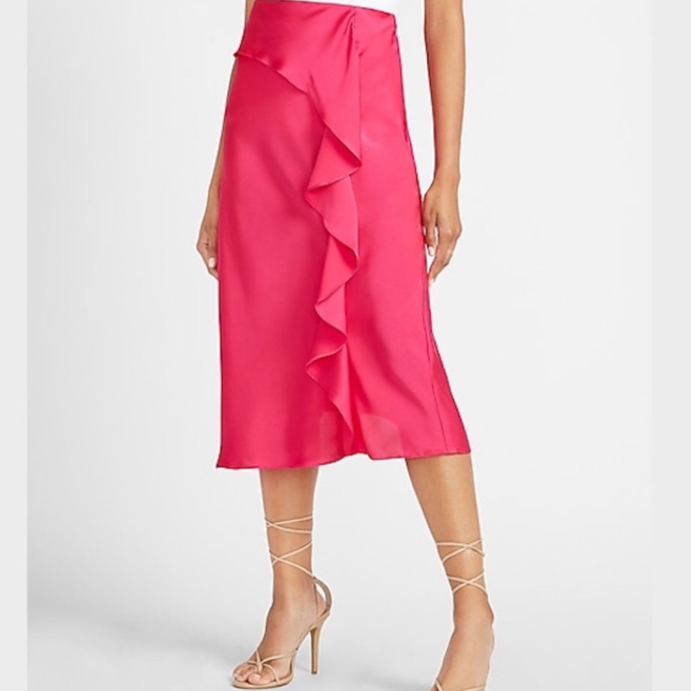 NWT High Waisted Satin Ruffle Midi Slip Skirt